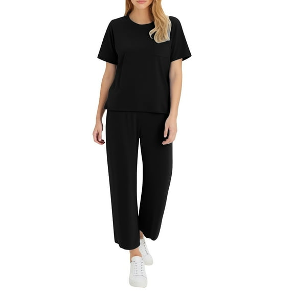 Enjoytime 2 Piece Sets for Women Summer Fashion Crewneck Short Sleeve Tops Loose Pants Loungewear Solid Color Casual Vacation Travel Outfits
