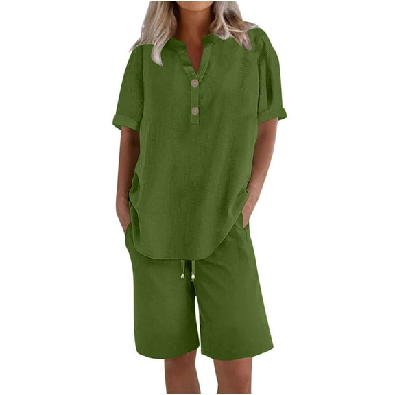 Enjoytime 2 Piece Sets for Women Summer Lounge Set Solid Color Shorts and Short Sleeve Tops Matching Travel Plus Size Outfits Green A XXL