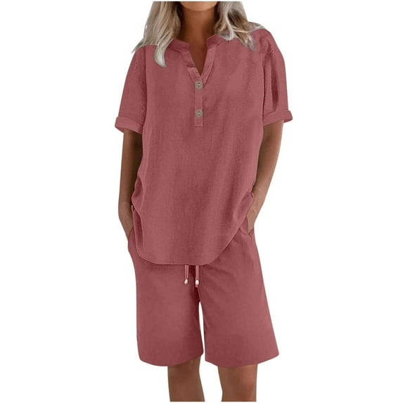 Enjoytime 2 Piece Sets for Women Summer Lounge Set Solid Color Shorts and Short Sleeve Tops Matching Travel Plus Size Outfits Watermelon Red M