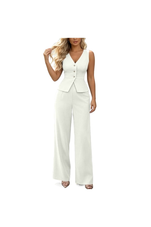 2 Piece Sets for Women V-Neck Sleeveless Blazer Tops with High Waist Wide Leg Pants Matching Suits Set Business Casual Outfits