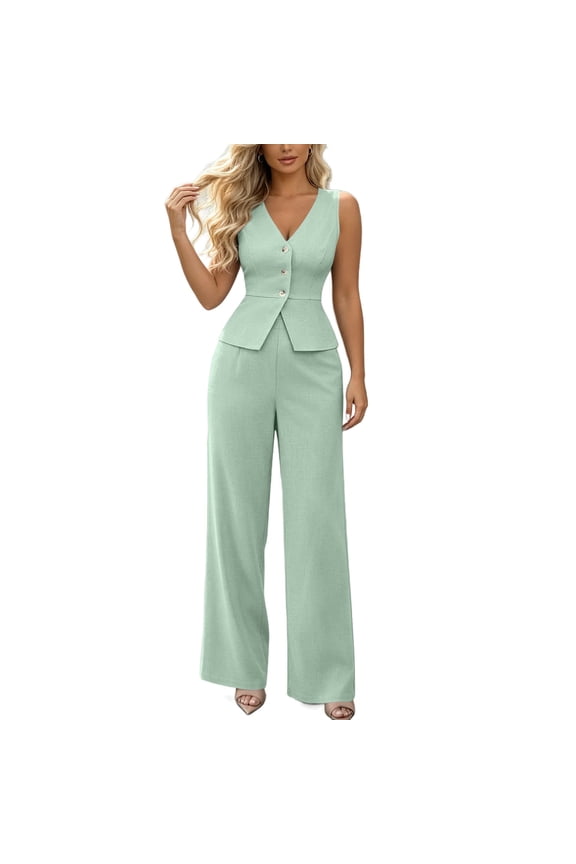 2 Piece Sets for Women V-Neck Sleeveless Blazer Tops with High Waist Wide Leg Pants Matching Suits Set Business Casual Outfits