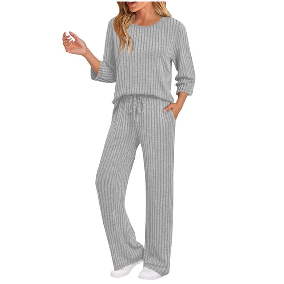 Enjoytime 2 Piece Sets for Women Winter Solid Color Round Neck 3/4 Sleeve Pullover Tops Wide Leg Pants Outfits Matching Sets Women Clothing