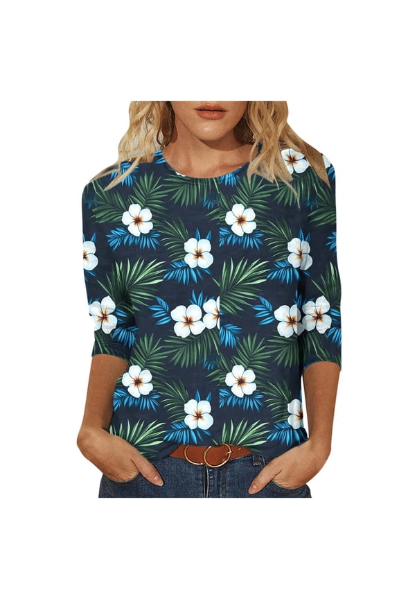 3/4 Length Sleeve Womens Tops Floral Printed Round Neck Casual Shirts Beach Vacation Trendy Plus Size Womens Clothing Green L