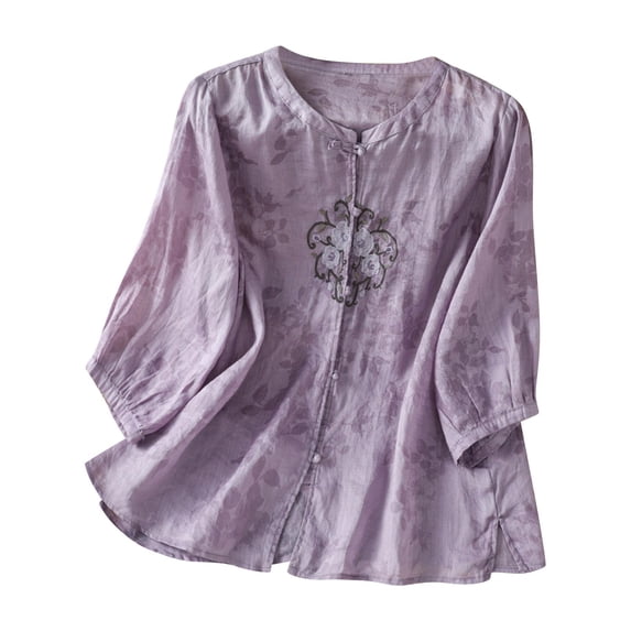 Enjoytime 3/4 Length Sleeve Womens Tops Imitation Linen Embroidered Button Down Blouses Solid Color 3/4 Sleeve Casual Business Work Shirt