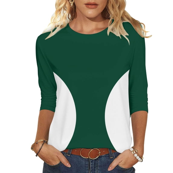 Enjoytime 3/4 Length Sleeve Womens Tops Patchwork Round Neck Dressy Blouses Spring Trendy Business Casual Shirts