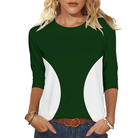 Enjoytime 3/4 Length Sleeve Womens Tops Patchwork Round Neck Dressy Blouses Spring Trendy Business Casual Shirts