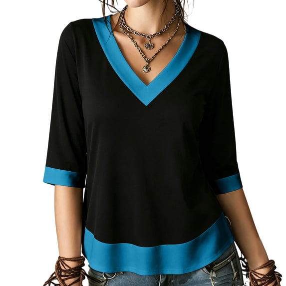 Enjoytime 3/4 Length Sleeve Womens Tops Patchwork V-Neck Flowy Shirts Trendy Casual Work Plus Size Blouse