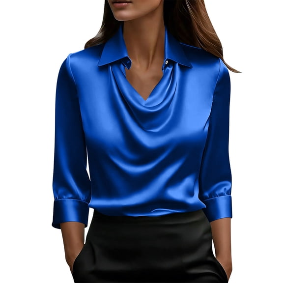 Enjoytime 3/4 Length Sleeve Womens Tops Solid Color Lapel Ruffled Collar Satin Shirts Dressy Work Business Casual Blouses Blue M