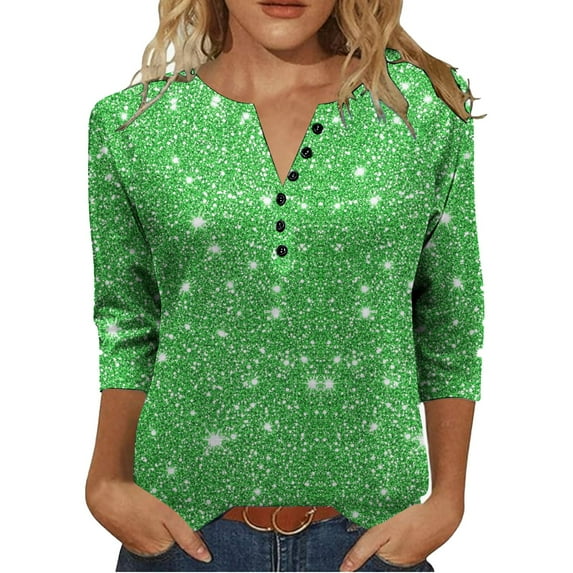 Enjoytime 3/4 Length Sleeve Womens Tops Vintage Print V-Neck Button Down Blouse Casual Office Work Plus Size Shirts Green M