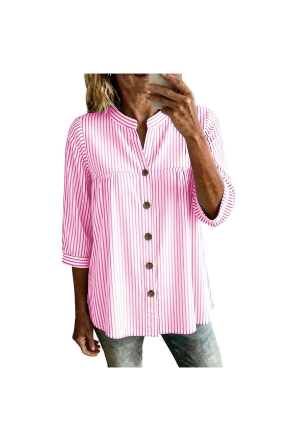 3/4 Sleeve Button Down Shirts for Women Striped V-Neck Trendy Blouses Business Casual Plus Size Tops