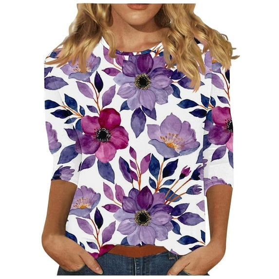 Enjoytime 3/4 Sleeve Tops for Women Clothing Round Neck Loose Fit Shirts Trendy Tunic Daily Versatile Comfy Cute Summer Tops for Women