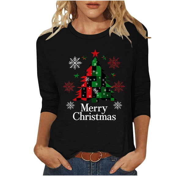 Enjoytime 3/4 Sleeve Tops for Women Cute Christmas Tree Printed Round Neck Shirts Loose Casual Blouses Fall Winter Plus Size Clothes Army Green S