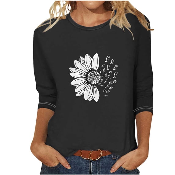 Enjoytime 3/4 Sleeve Tops for Women Dressy Casual Round Neck Shirts Loose Comfy Blouses Womens Fall Clothes Plus Size