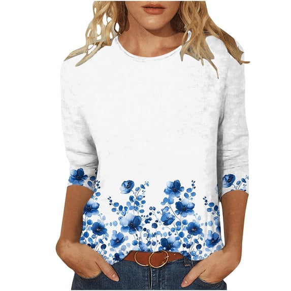 Enjoytime 3/4 Sleeve Tops for Women Floral Printed Round Neck T Shirts Business Dressy Casual Plus Size Blouses