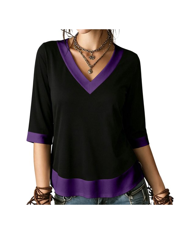3/4 Sleeve Tops for Women Patchwork V-Neck Flowy Blouses Trendy Casual Work Plus Size Shirts