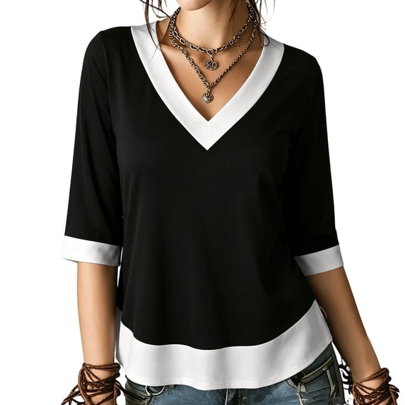 Enjoytime 3/4 Sleeve Tops for Women Patchwork V-Neck Flowy Blouses Trendy Casual Work Plus Size Shirts