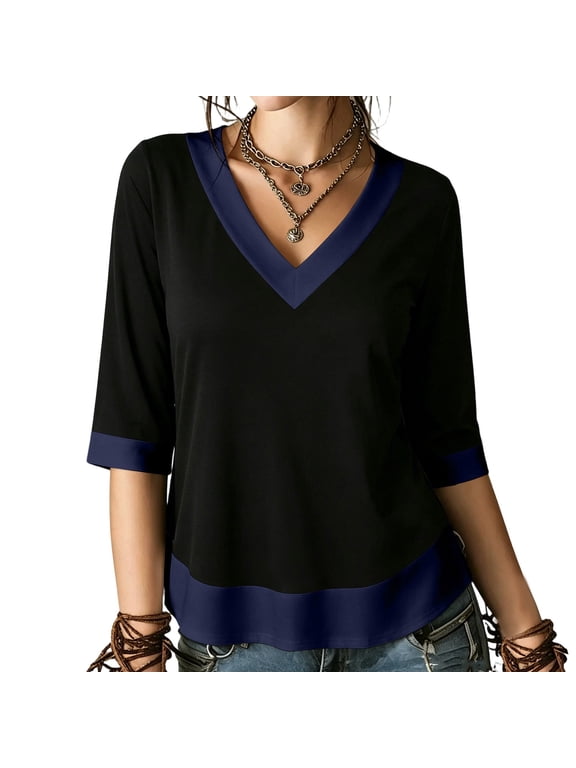 3/4 Sleeve Tops for Women Patchwork V-Neck Flowy Blouses Trendy Casual Work Plus Size Shirts
