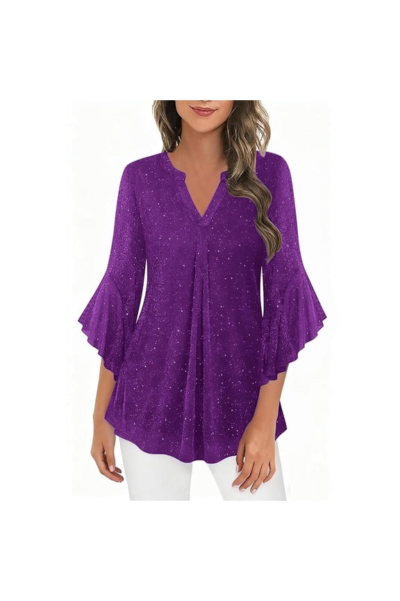 Womens Tops V-Neck 3/4 Sleeve Blouse Mesh Gold Foiled Sparkling Party Gathering Shirt Trendy Fashion Clothes
