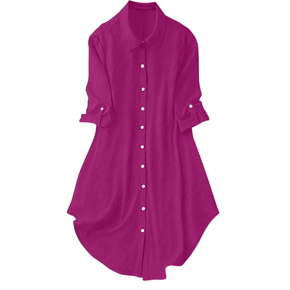 Enjoytime 3/4 Sleeve Tops for Women Solid Color Lapel Business Casual Long Blouses Fall Winter Fashion Work Womens Button Down Shirt Purple M
