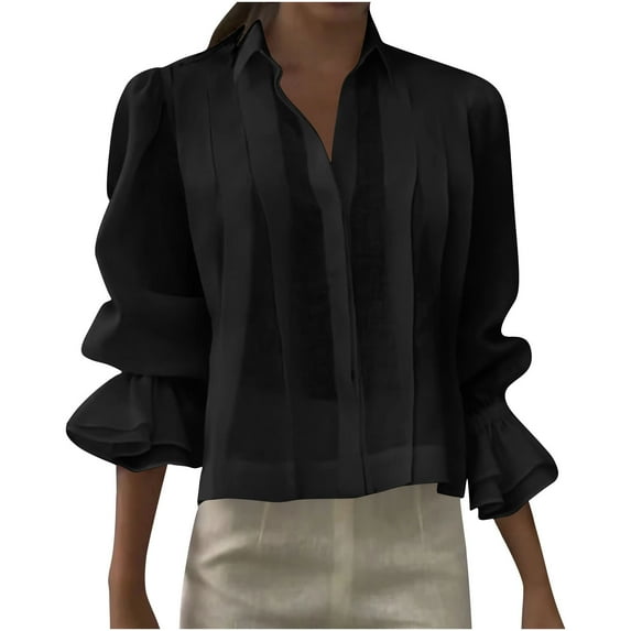 Enjoytime 3/4 Sleeve Tops for Women Solid Color Pleated Button Down Shirts Spring Fashion Casual 2026 Plus Size Blouse Black XXL