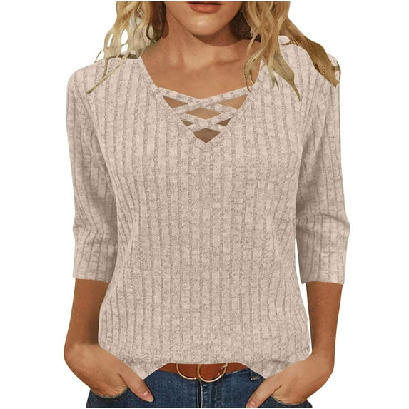 Enjoytime 3/4 Sleeve Tops for Women Solid Color V-Neck Casual Shirts Loose Fall Winter Business Work Blouses Beige XL
