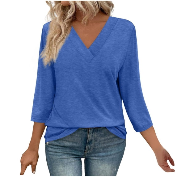 Enjoytime 3/4 Sleeve Tops for Women Solid Color V-Neck Causal Blouses Spring Summer Trendy Business Work Shirts 2026 Blue XXL