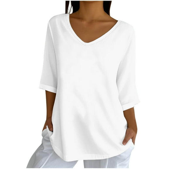 Enjoytime 3/4 Sleeve Tops for Women Solid Color V-Neck Dressy Blouse Loose Casual Business Work Shirt