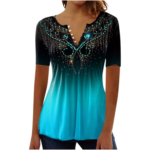 Enjoytime 3/4 Sleeve Tops for Women Vintage Printed V-Neck Short Sleeve Blouses Casual Business Plus Size Summer Clothes