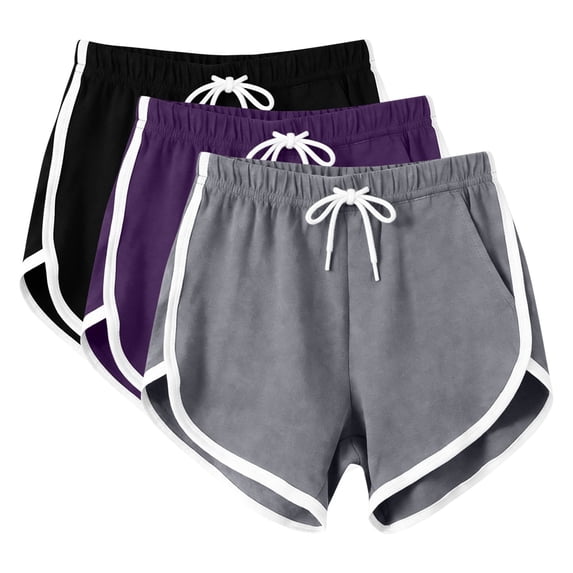 Enjoytime 3 Pack Running Shorts for Women Patchwork Elastic Waist Summer Casual Athletic Plus Size Shorts with Pockets