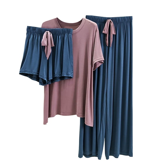 Enjoytime 3 Piece Lounge Sets for Women Solid Color Short Sleeve Tops with Shorts Pants Sleepwear Soft Comfy Casual Pajama Set
