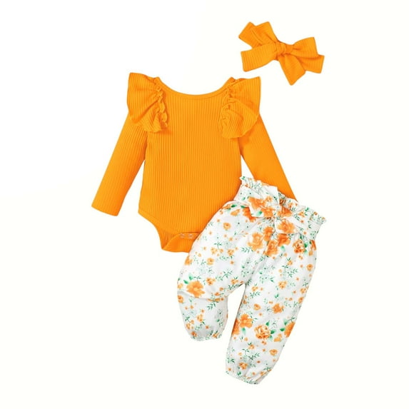 Enjoytime 3Pcs Baby Girl Outfit Set Newborn Toddler Girls Clothes Floral Print Long Sleeve Romper Bodysuit+Pants+Headband 3-24 Months