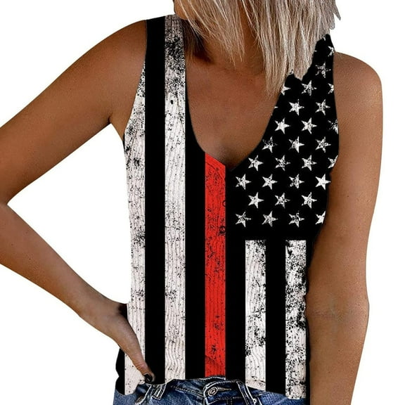 Enjoytime 4Th of July Women Tank Plus Size Fashion V-Neck Star Print Sleeveless Vest Tops Casual Comfort Loose Festival Summer Holiday Outfits for Women