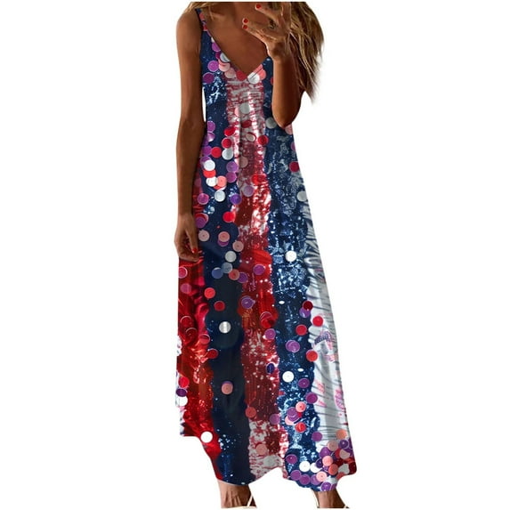 Enjoytime 4Th Of July Sun Dresses For Women Trendy Flag Print Cover Up Dress V-Neck Sleeveless Flowy Comfy Women Maxi Long Dresses