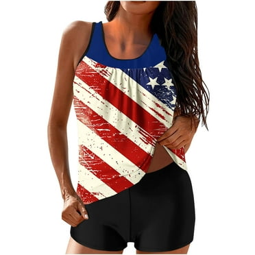 Enjoytime 4Th Of July Womens Tummy Control Swimsuits Two Piece Bathing Suit Independence Day Print Strappy Back Set Holiday Tankini Top With Boyshorts Women's Swimwear On Clearance