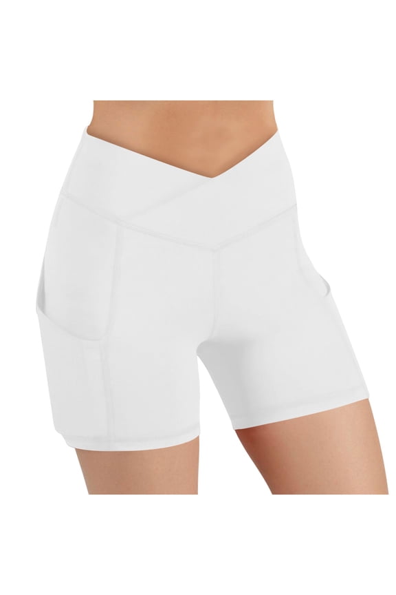 Athletic Shorts Women High Crossover Waist Tummy Control Workout Running Yoga Shorts with Pockets