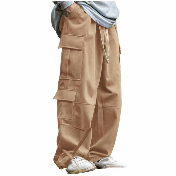 Enjoytime Baggy Cargo Pants Men Solid Color Drawstring Elastic Waist Baggy Trousers Fashion Straight Leg Casual Pants with Pockets Yellow XL