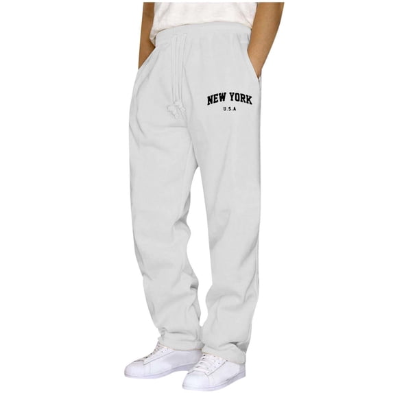 Enjoytime Baggy Sweatpants Men Printed Straight Leg Loose Plus Size Pants Drawstring Elastic Waist Casual Workout Joggers with Pockets White L