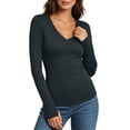 thumbnail image 1 of Enjoytime Basic Tops for Women V-Neck Stretchy Long Sleeve Undershirt Fall Winter Soft Casual Fitted Tee with Thumbholes, 1 of 8