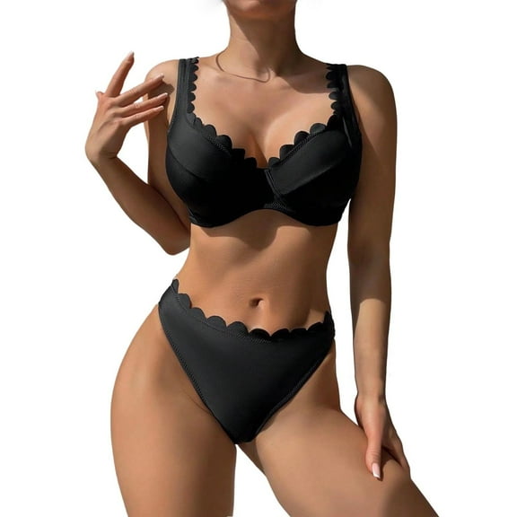 Enjoytime Bathing Suit for Women Deep V Neck High Waisted Thong Two Piece Swimsuit Tummy Control Push Up Bikini Set