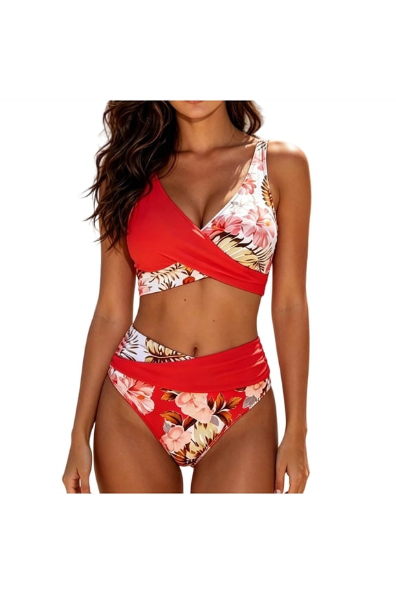 Bathing Suit for Women Floral Printed V-Neck Tummy Control Two Piece Swimsuit 2026 Summer Modest Swimwear