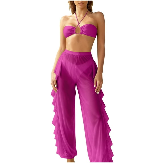 Enjoytime Bathing Suit for Women High Waisted Cutout Halter Bikini Sets Modest 3 Piece Swimsuit with Sheer Ruffle Pants