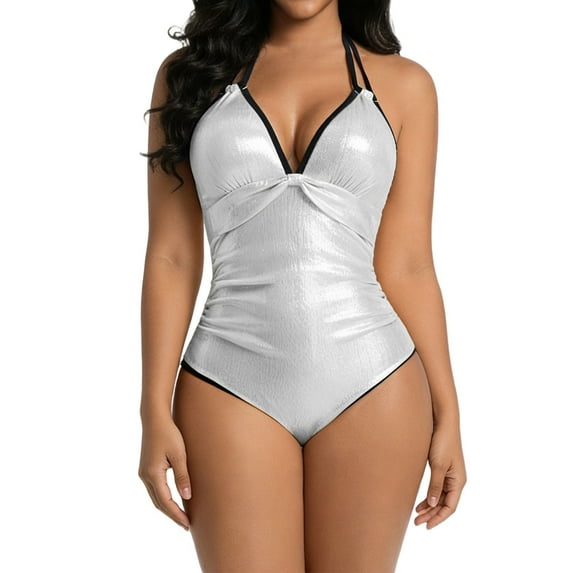 Enjoytime Bathing Suit for Women Shiny Solid Color Halter Tie Back V Neck One Piece Swimsuit Tummy Control High Cut Modest Swimwear