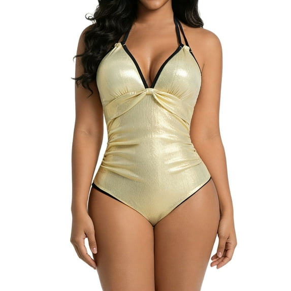 Enjoytime Bathing Suit for Women Shiny Solid Color Halter Tie Back V Neck One Piece Swimsuit Tummy Control High Cut Modest Swimwear
