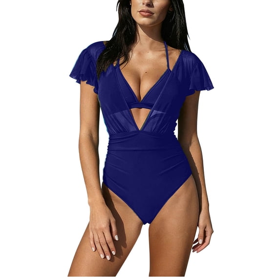 Enjoytime Bathing Suit for Women Solid Color Short Sleeve 2 Piece Swimsuit Tummy Control Mesh Sheer Sarong Wraps Swimwear