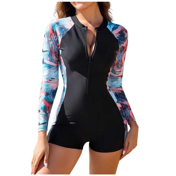 Enjoytime Bathing Suits for Women Patchwork Printed Long Sleeve Zipper One Piece Swimsuit Sun Protection Modest Tummy Control Swimwear for Surfing