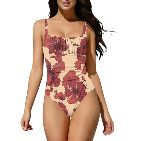 Enjoytime Bathing Suits for Women Ruched Floral Printed One Piece Swimsuits Square Neck Monokini Tummy Control Swimwear