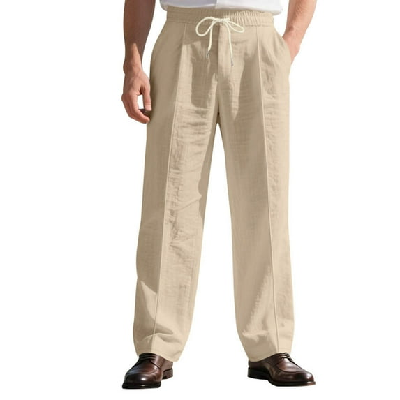 Enjoytime Beach Pants for Men Solid Color Elastic Waist Wide Leg Pants Drawstring Casual Vacation Plus Size Trousers with Pockets Khaki XXXL