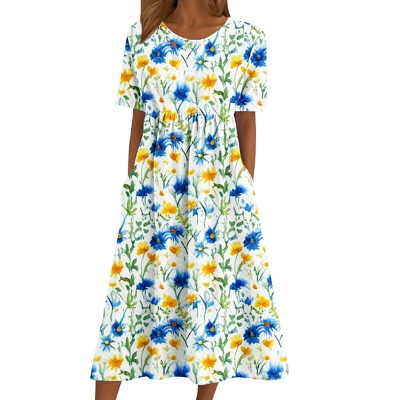 Enjoytime Beach Vacation Clothes for Women Floral Printed Short Sleeve Crewneck Dress Casual Summer Midi Dresses