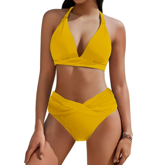 Enjoytime Bikini Sets for Women Sporty Two Piece Swimsuits Solid Color Halter Swim Top with High Waisted Bottom Bathing Suits for Women Tummy Control