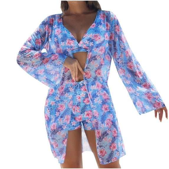 Enjoytime Bikini Sets for Women Floral Printed V Neck Tummy Control Bathing Suit with Cover Up Modest 3 Piece Swimsuit